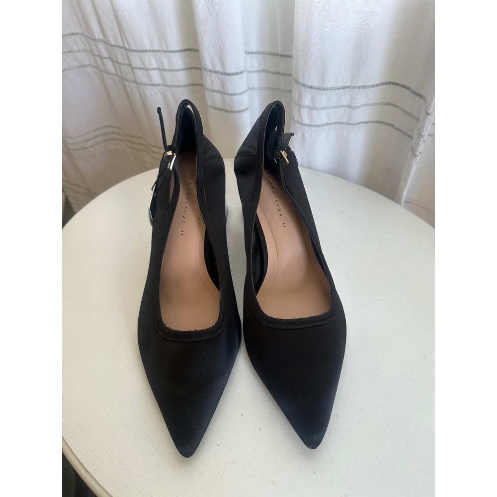 Zara Trafaluc Black Satin Pointed Toe Clear Acrylic Block Heel Pumps